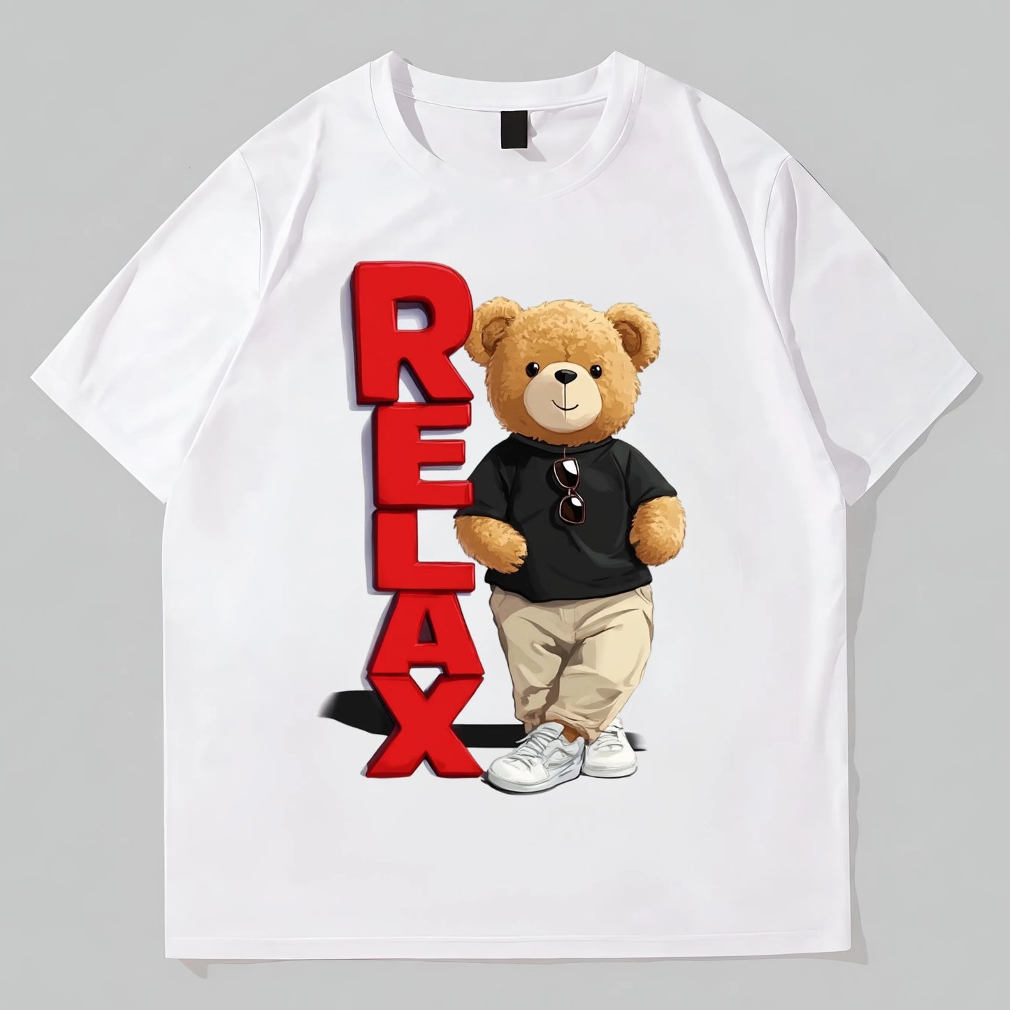 Casual T-Shirt with Teddy Bear and RELAX Print for Daily Wear POD Graphic Tees
