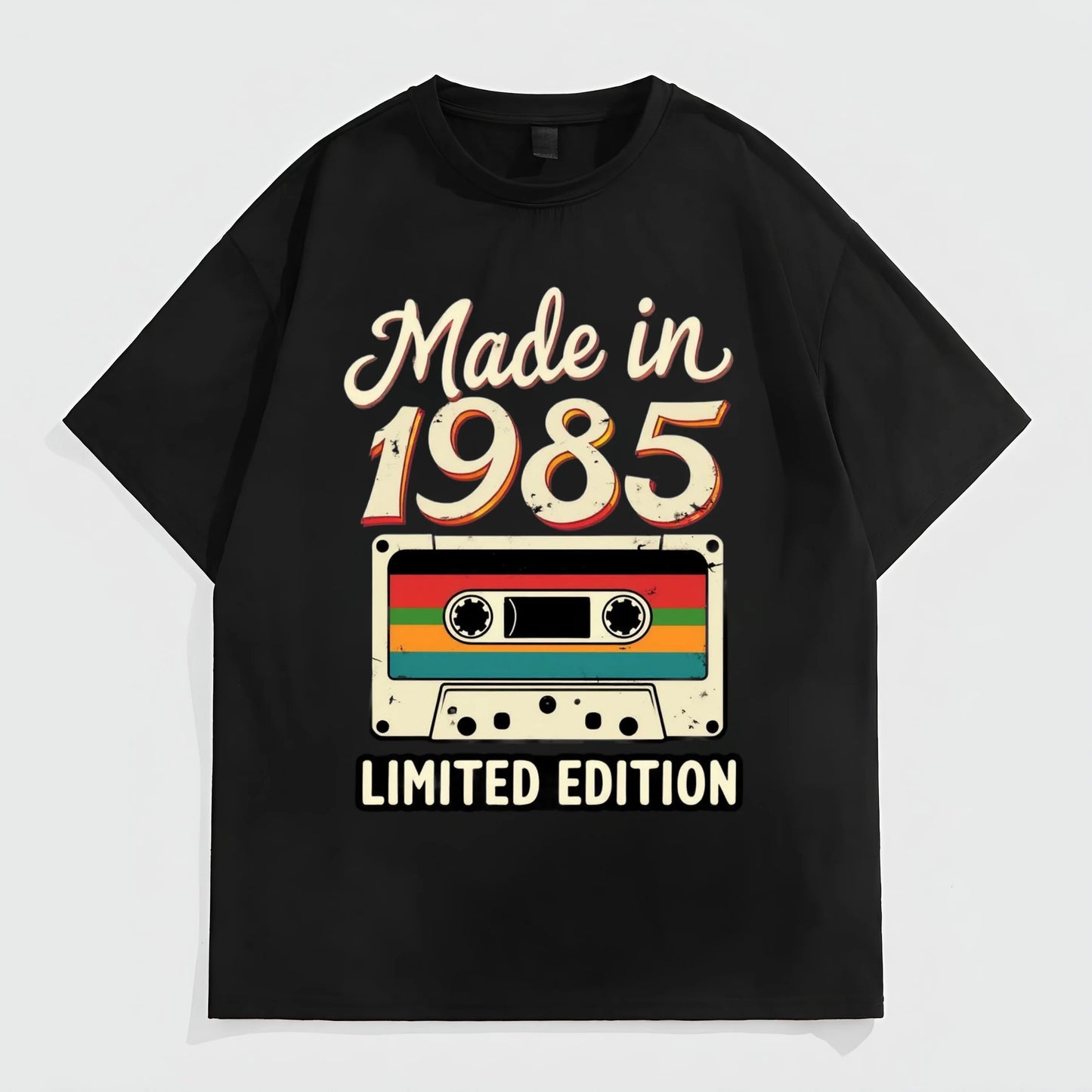Black Short Sleeve T-Shirt with Retro Cassette Tape Print and Made in 1985 Limited Edition Text for Casual Wear Graphic Tees Design