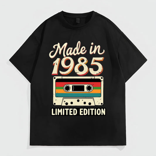 Black Short Sleeve T-Shirt with Retro Cassette Tape Print and Made in 1985 Limited Edition Text for Casual Wear Graphic Tees Design