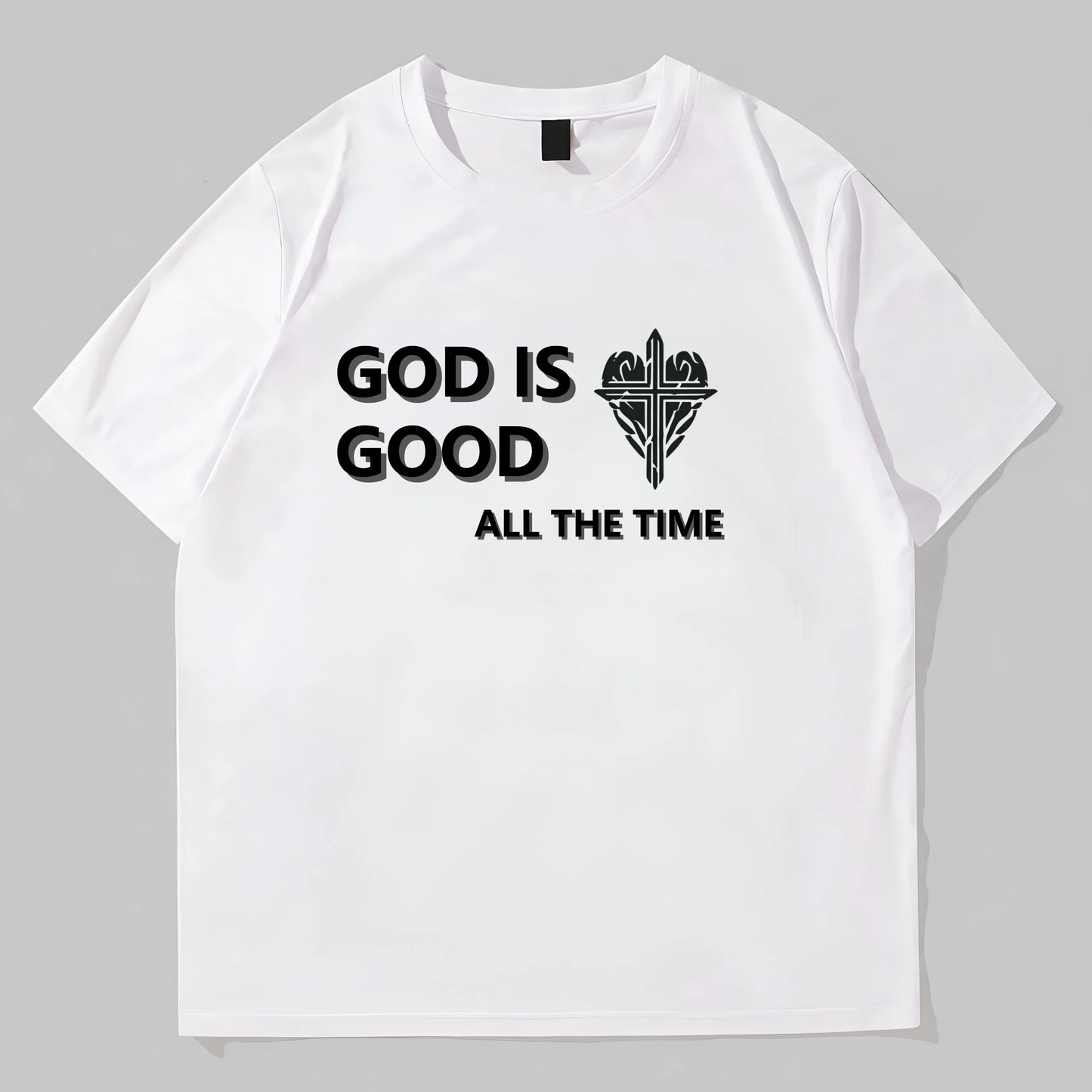 Graphic Tees Design White Round Neck T-Shirt with God is Good All the Time Text and Heart Design for Casual Wear