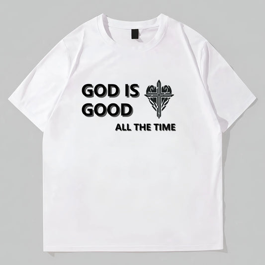 Graphic Tees Design White Round Neck T-Shirt with God is Good All the Time Text and Heart Design for Casual Wear