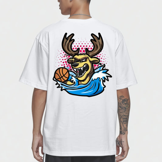 Trendy Tees For Man Casual T-Shirt Cartoon Deer Basketball Print Sports Outdoors