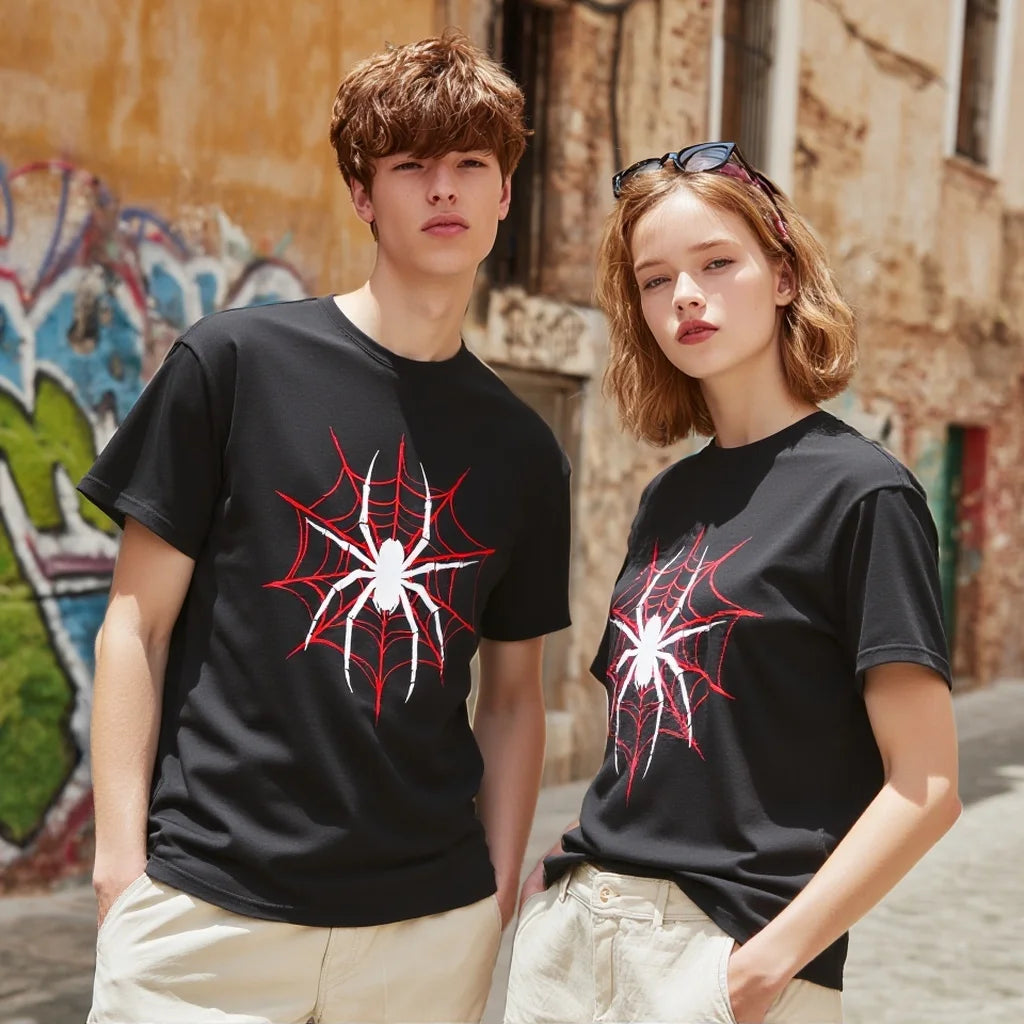 Spider Web Design Short Sleeve T Shirt for Couples | Unique Graphic Print Casual Wear Daily Outfits and Travel Adventures | Trendy Graphic Tee 2025