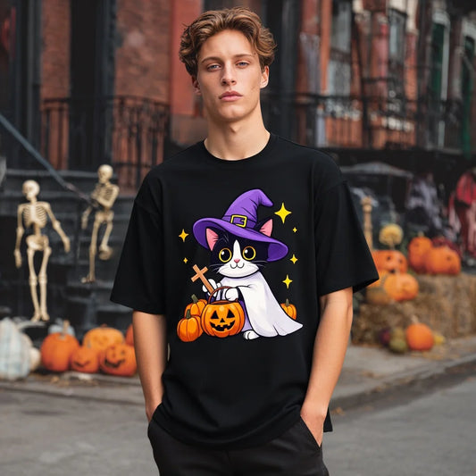 Black T Shirt Halloween Cat Witch Pumpkin Print Casual Wear for Party Festival Fashionable Graphic Tee for Men
