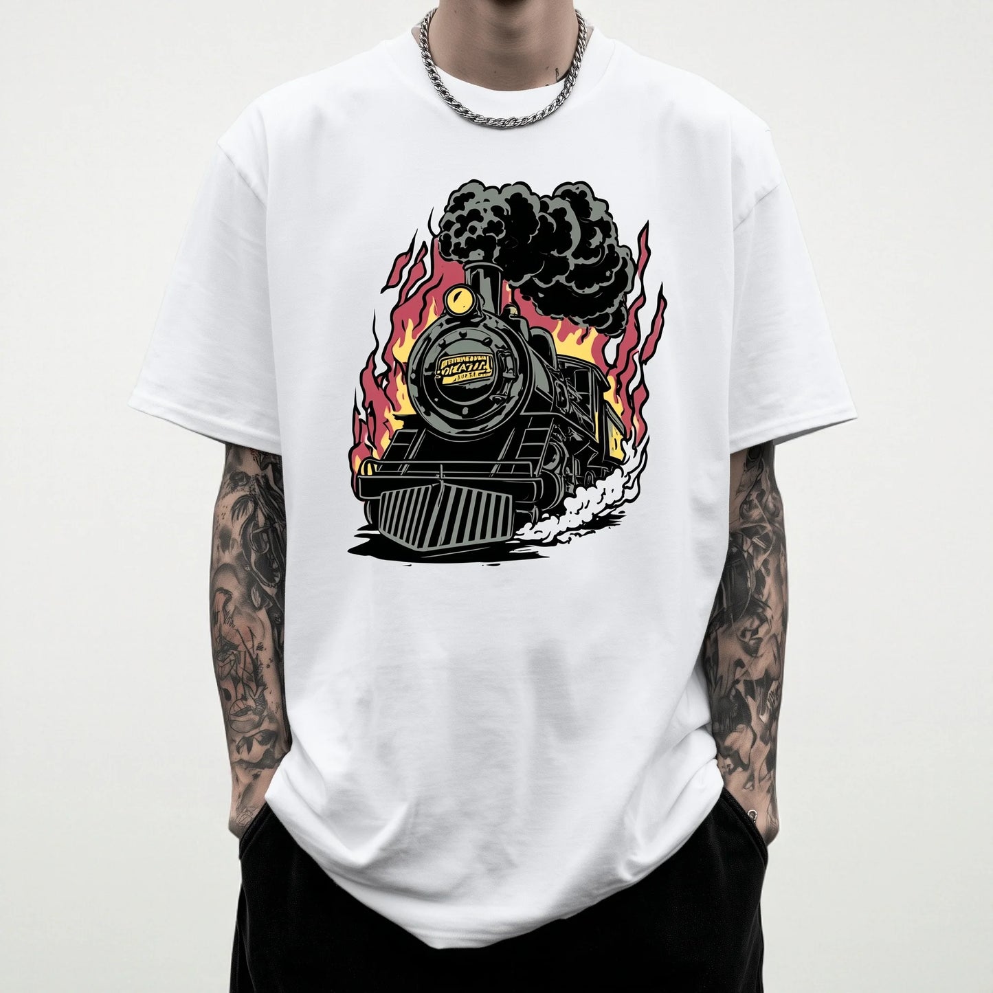 Trendy T-shirt For Man Short Sleeve T-Shirt Retro Train Flame Design Casual Daily Wear