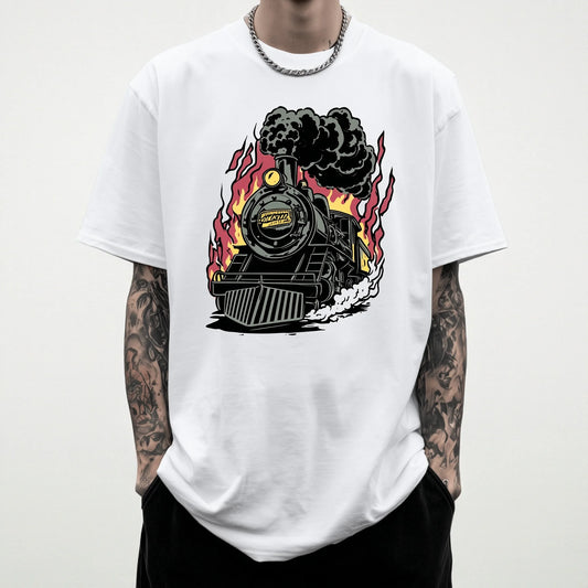 Trendy T-shirt For Man Short Sleeve T-Shirt Retro Train Flame Design Casual Daily Wear