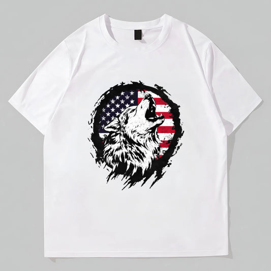 Fashion Tees For Summer White T-Shirt Wolf American Flag Print Casual Wear for Men Women Unisex Summer Outdoor Sports Festival Party Daily Use