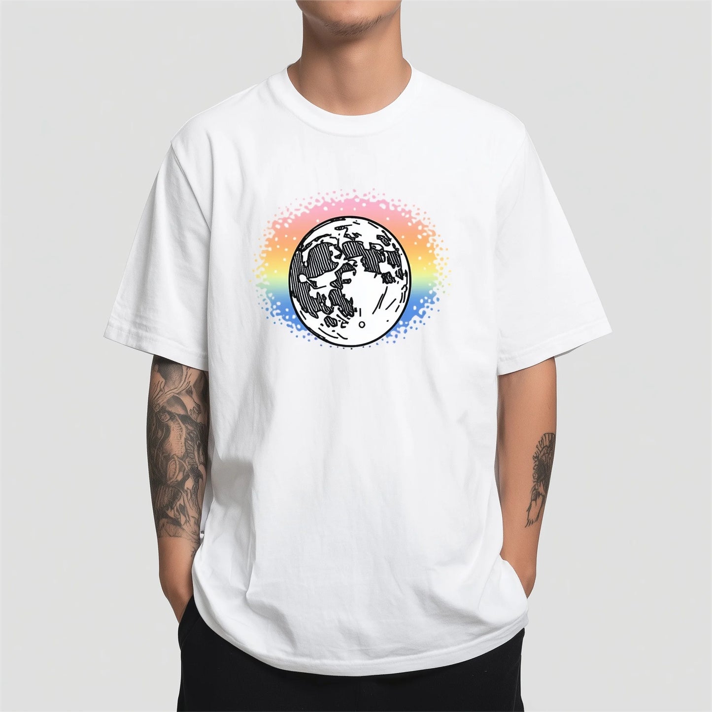 Trendy T-shirt For Man White Crew Neck T-Shirt with Colorful Moon and Rainbow Print for Casual Wear