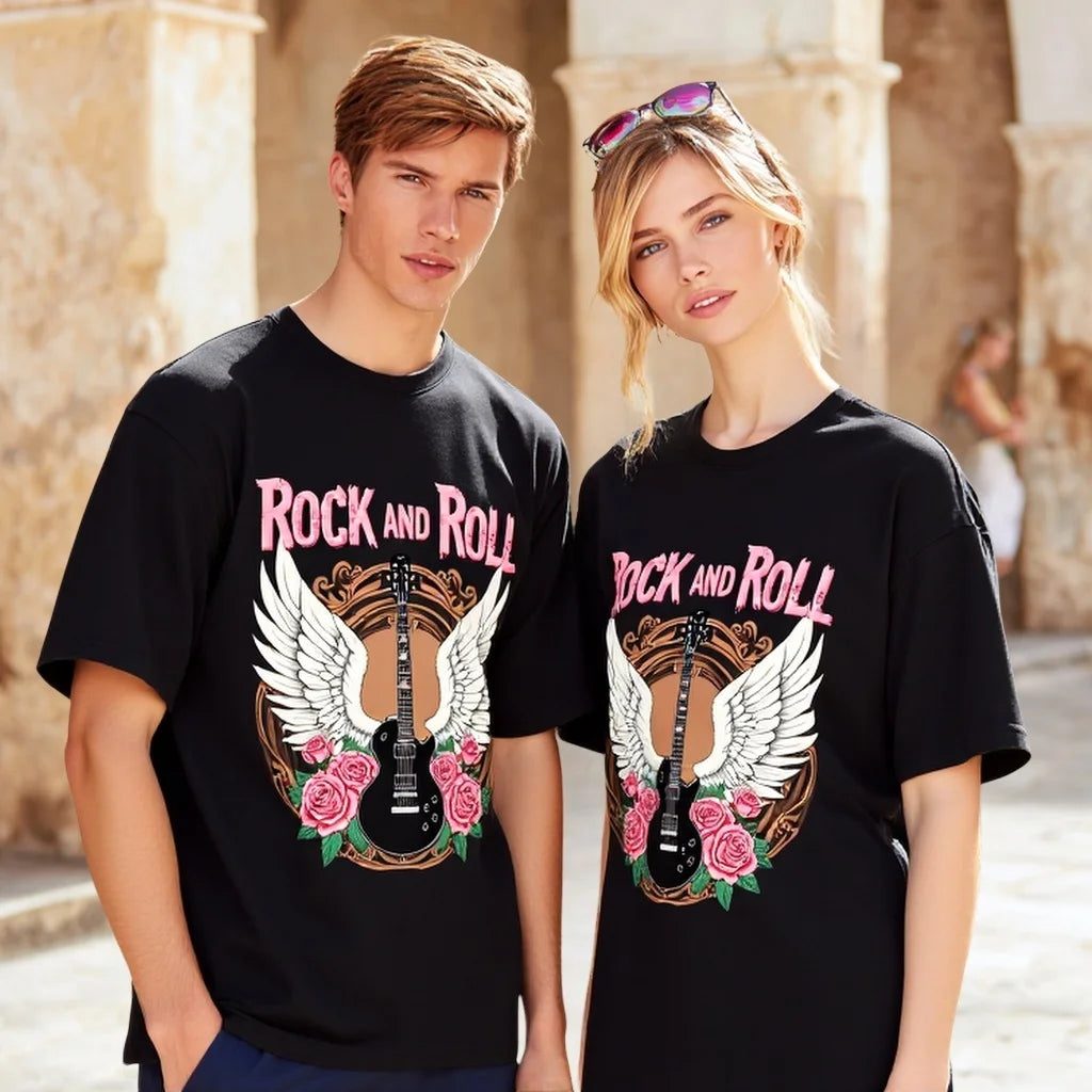 Black T Shirt with Guitar Wings and Floral Design for Music Lovers  Casual Wear for Concerts and Festivals Trendy Graphic Tee 2025