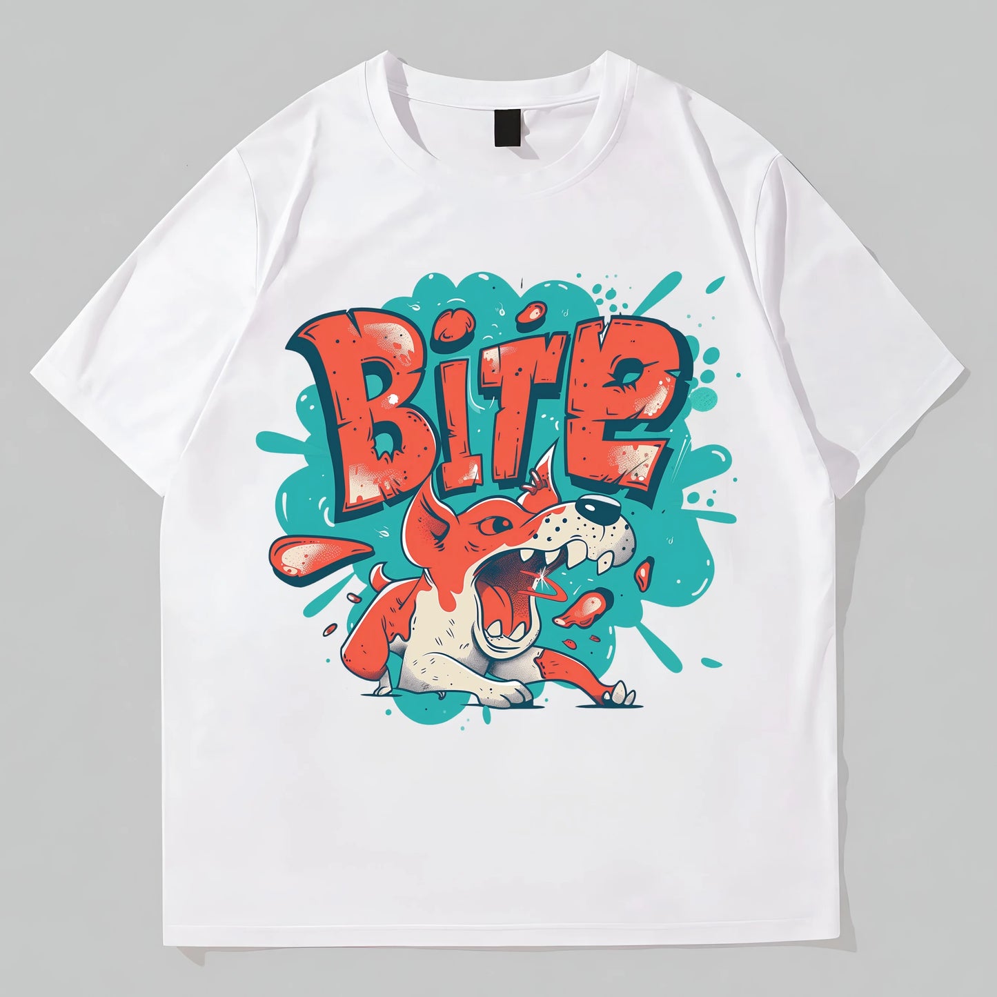 White T-Shirt with Colorful Bite Text and Dog Graphic for Casual Wear Graphic Tees Design