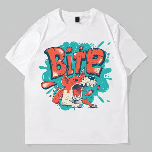 White T-Shirt with Colorful Bite Text and Dog Graphic for Casual Wear Graphic Tees Design