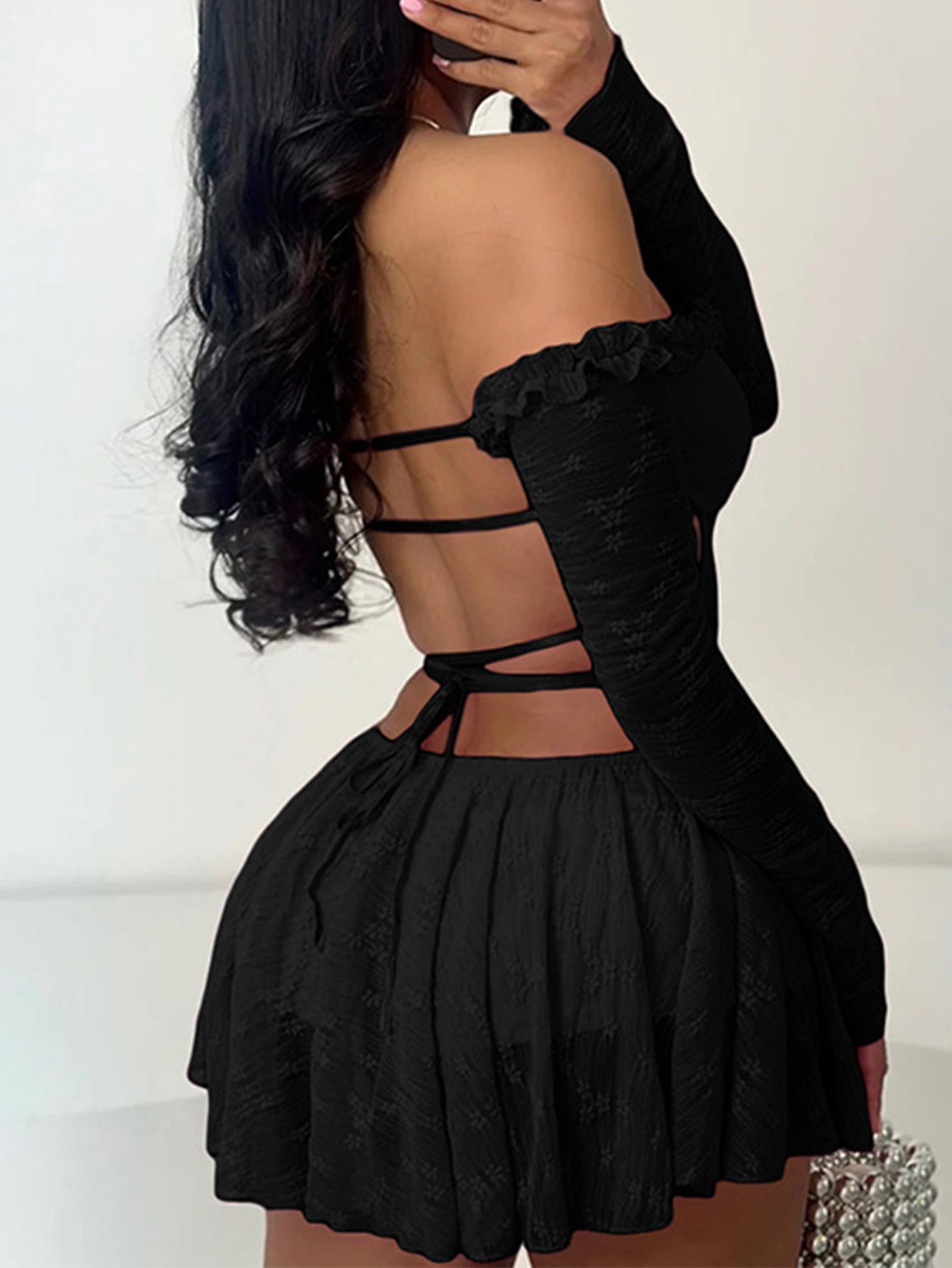 Autumn Sexy Lingerie 2025 Women's Lingerie Cut-Out Plain Long Sleeve Off Shoulder A-Line Mini Dresses