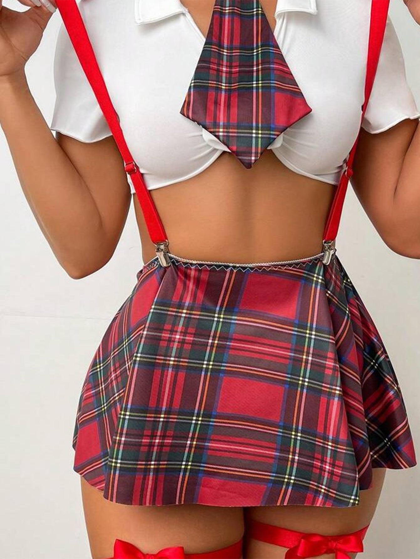 Women's Lingerie All Season K-Fashion Cute Sexy Plaid Short Sleeve Open Stitch Skirts Lingerie Sets